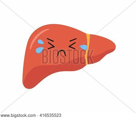 Sad Sick Unhealthy Fibrosis Liver Character. Vector Isolated Illustration In Flat And Cartoon Style 