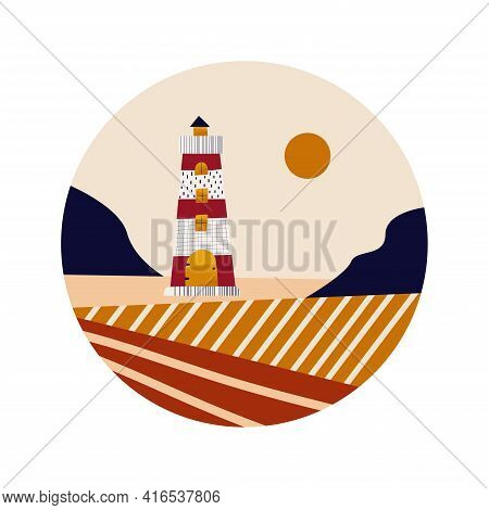Vecton Illustration. Abstract Composition In A Circle. Decorative Lighthouse On The Background Of A 