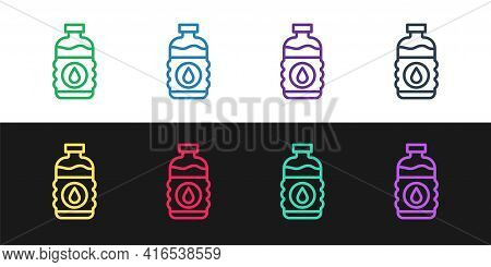 Set Line Bottle Of Water Icon Isolated On Black And White Background. Soda Aqua Drink Sign. Vector