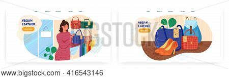 Vegan Leather Landing Page Design, Website Banner Vector Template Set. Woman Holding Bag Made Of Eco