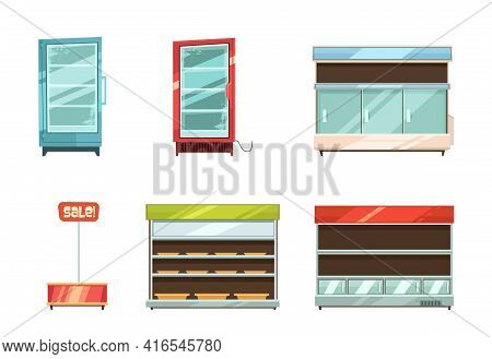 Supermarket And Grocery Stories Display Racks Aisle Refrigerator And Sale Stand Retro Cartoon Icons 