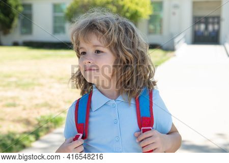 Little Boy On His First Day At American School. Concept Of Primary School Education