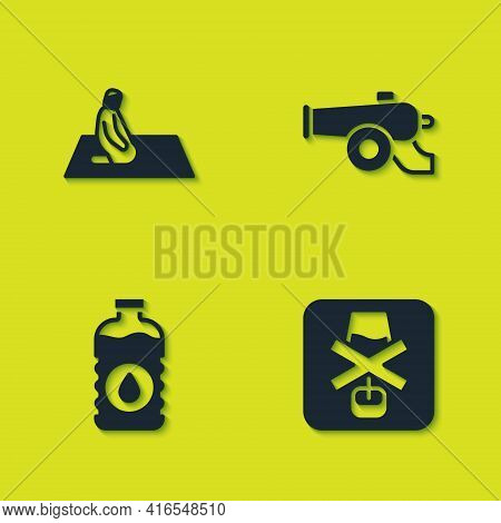 Set Muslim Man Prays, No Alcohol, Bottle Of Water And Ramadan Cannon Icon. Vector