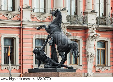 Anichkov Bridge with sculptures of horses - St. Petersburg Russia