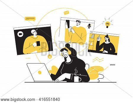 Vector Illustration, Work From Home Online, Remote Work, Self-isolation. Freelance Worker Holding A 