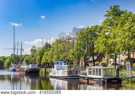 Haren, Germany - May 09, 2020: Boats At The Quayside Of The Canal In Haren, Germany