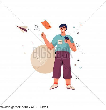 Message Sent Concept. Man Sent Message From His Smartphone