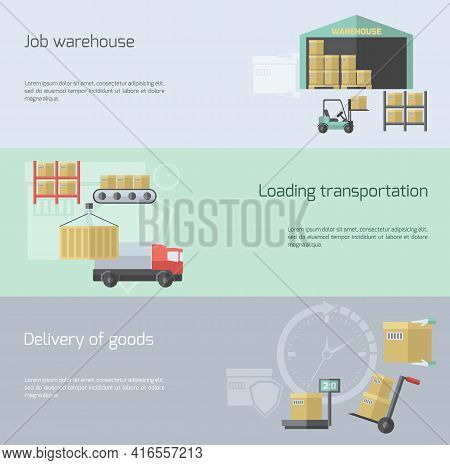 Warehouse Horizontal Banner Set With Transportation Delivery And Logistic Elements Flat Isolated Vec