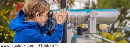 Binoscope. Stationary City Binoculars. A Boy Looks At The City Through A Binoscope Banner, Long Form
