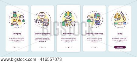 Anti-competitive Practices Types Onboarding Mobile App Page Screen With Concepts. Dumping, Tying Wal