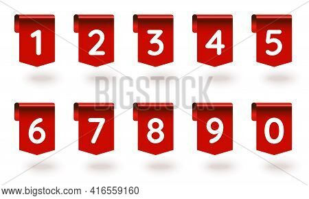 1, 2, 3, 4, 5, 6, 7, 8, 9, 0 Number Sign Tag Red Ribbon Set. Red Realistic Three-dimensional Design 