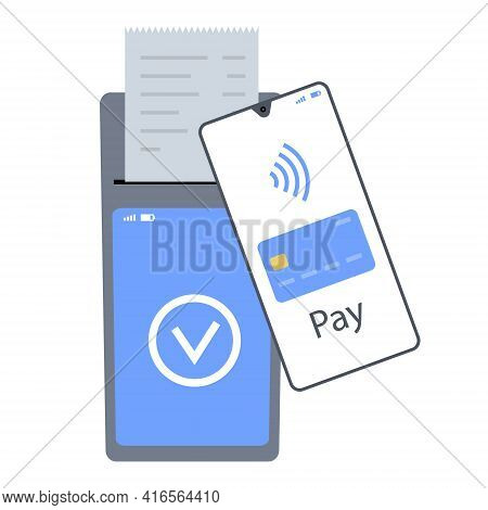 Touchscreen Banking Terminal. Nfc Payment. Bank Receipt. Vector Illustration In Flat Style On White 