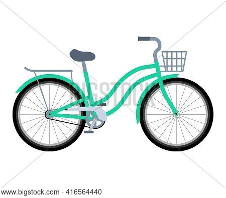 Bicycle With Basket And Trunk. Delivery Bike. Flat Style. Vector Illustration On White Isolated Back