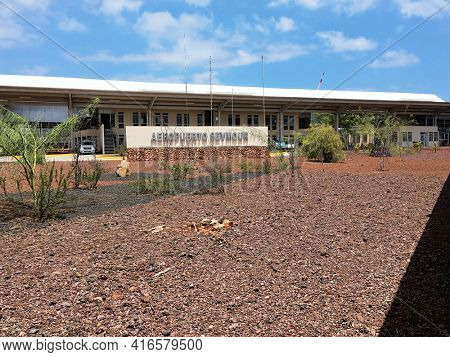 BALTRA, ECUADOR - FEBRUARY 16, 2017: Seymour Airport sign. The terminal is located on the island of Baltra in the Galapagos. 