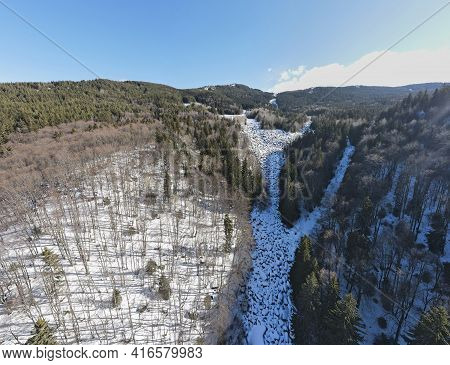 Aerial Winter Panorama Of Stone River Know As Zlatnite Mostove (golden Bridges) At Vitosha Mountain,