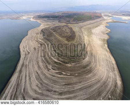 Aerial Panorama Of Pyasachnik (sandstone) Reservoir, Sredna Gora Mountain, Plovdiv Region, Bulgaria