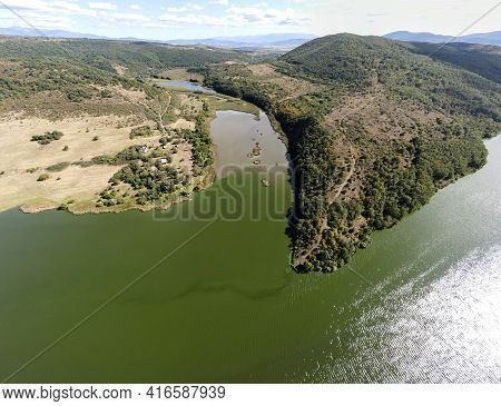 Amazing Aerial Panorama Of Pchelina Reservoir, Pernik Region, Bulgaria