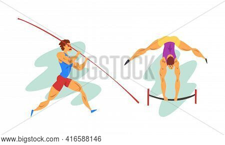 Track And Field Athletes In Action Set, Pole Vaulting, High Jump Over Bar Cartoon Vector Illustratio