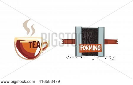 Tea Production Set, Leaves Forming And Cup Of Hot Drin Vector Illustration