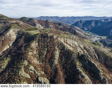 Amazing Aerial View Of Rhodope Mountains Near Borovitsa Reservoir, Bulgaria