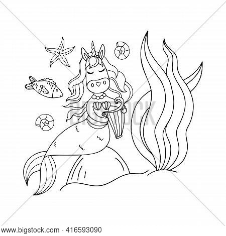 Illustration With A Unicorn Mermaid For Children's And Adult Books, Clothing, Office Supplies