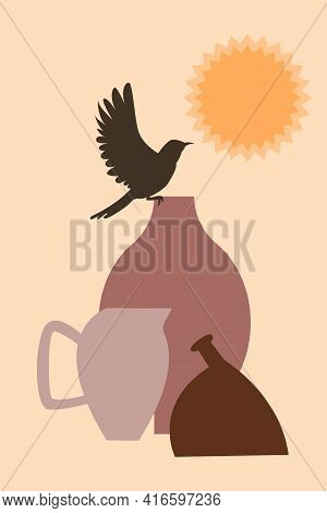 Leaf In Vase Pattern Background, Abstract Boho Minimalist Vase Illustration For Design Nursery Wall 
