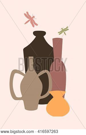 Plant In Vase Pattern Background, Abstract Boho Minimalist Vase Illustration For Design Nursery Wall