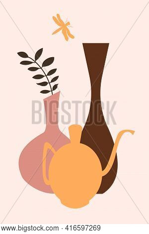 Plant In Vase Pattern Background, Abstract Boho Minimalist Vase Illustration For Design Nursery Wall