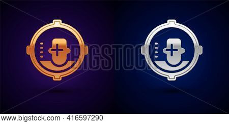 Gold And Silver Headshot Icon Isolated On Black Background. Sniper And Marksman Is Shooting On The H