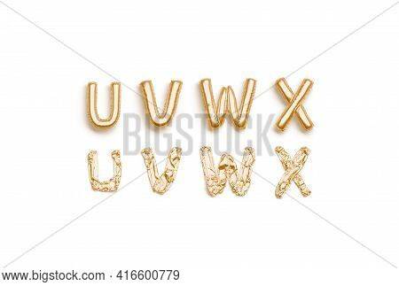 Inflated, Deflated Gold U V W X Letters, Balloon Font, 3d Rendering. Empty Foil Or Mylar Typeset For