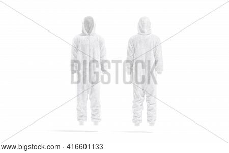 Blank White Plush Jumpsuit With Hood Mockup, Front And Back, 3d Rendering. Empty Warm Hooded Apparel