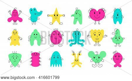 5 Cute Monster Faces. Funny And Scary Cartoon Minimalistic Monsters With Cheerful Face Emotions. Vec