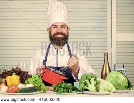 Whipping Cream Tips And Tricks. Use Hand Whisk. Professional Chef Hold Whisk And Pot. Whipping Like 