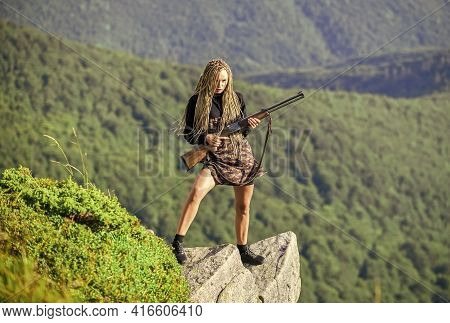 Waiting For Prey. Woman Assassin With Gun. War Time. Female Soldier. Army Sniper. Weapon Shop Concep