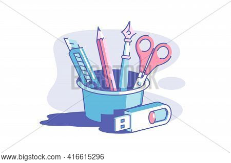 Toolset And Flash Drive Vector Illustration. Pencil