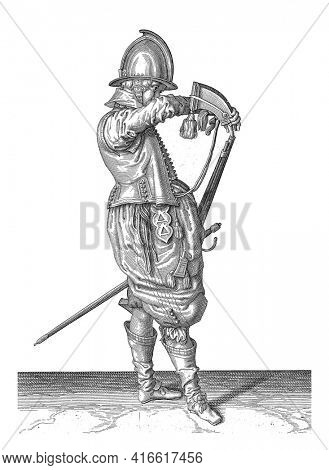 A Soldier, Full Length, after on the right, holding a rudder (a particular type of firearm) with his left thigh with his left thigh, pointing the barrel diagonally upwards, vintage engraving.