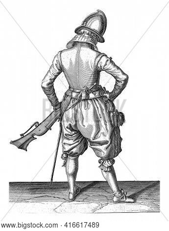 A soldier, full-length, on the back seen, holding a rudder (a certain type of firearm) by the left thigh with his left hand, pointing the barrel diagonally upwards, vintage engraving.