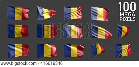 Romania Flag Isolated - Various Pictures Of The Waving Flag On Grey Background - Object 3d Illustrat