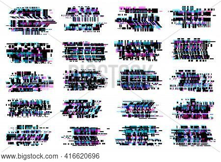 Glitch Effect Vector Icons, Abstract Glitched Distortion With Colored Stripes And Random Pixels. Tel