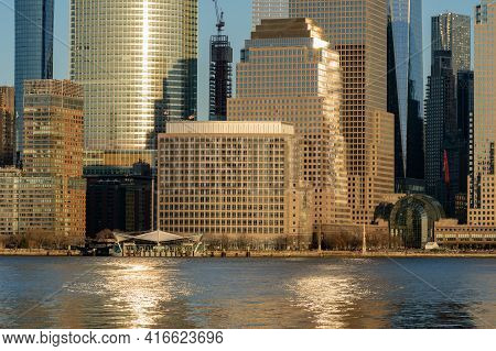 New York, Ny - Usa - Feb. 27, 2021: Landscape View Of Manhattan's Brookfield Place Ferry Terminal An