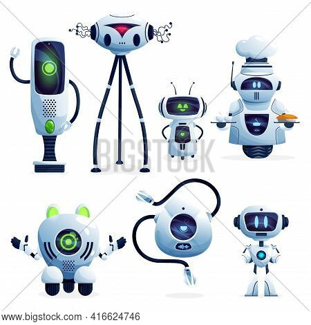 Ai Robot Cartoon Characters With Vector White Robotic Machines, Modern Toys, Artificial Intelligence