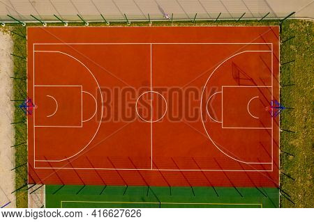 Top View Of The Basketball Court. Aerial View.