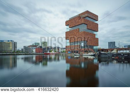 Antwerp, Belgium - 04.29.2018: Low Angle, Long Exposure Shot Of Modern Building Of Mas Museum On A C