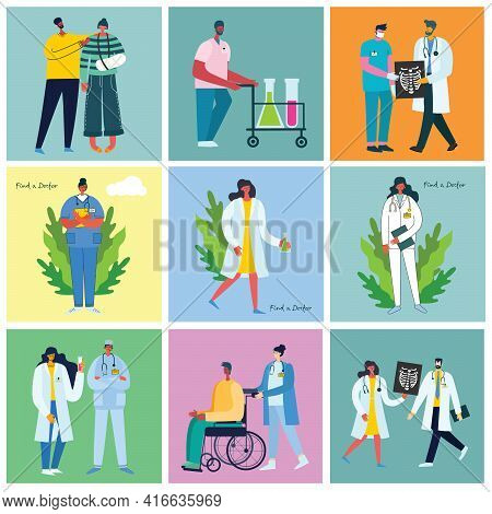 Vector Background With Disabled People, Young Handycap Persons And Friends Near Helping. World Disab