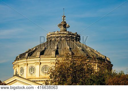Detail View Over The Romanian Athenaeum Or Ateneul Roman, In The Center Of Bucharest Capital Of Roma