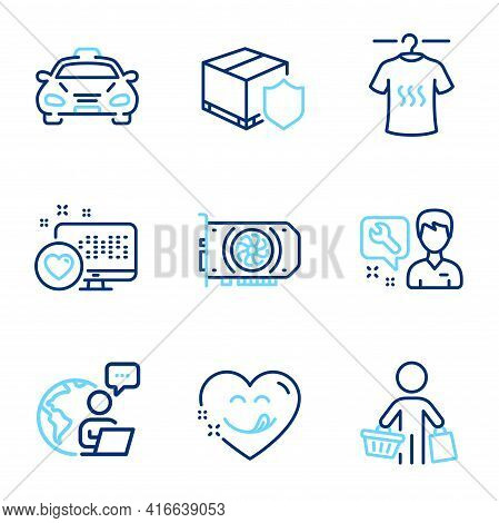 Business Icons Set. Included Icon As Gpu, Repairman, Taxi Signs. Heart, Yummy Smile, Dry T-shirt Sym