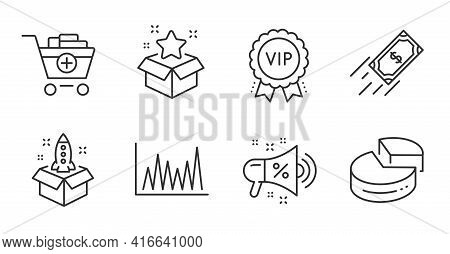 Startup, Add Products And Sale Megaphone Line Icons Set. Vip Award, Loyalty Program And Pie Chart Si