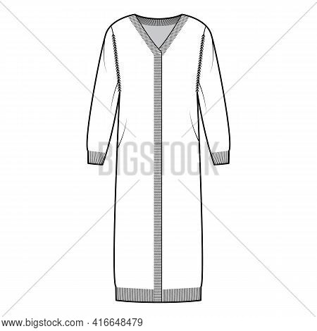 Midi Cardigan Technical Fashion Illustration With Rib V- Neck, Long Sleeves, Oversized, Mid-calf Len