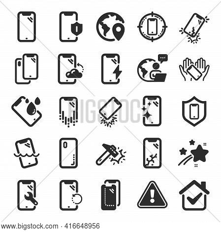 Smartphone Protection Icons. Tempered Glass, Screen Protector And Water Resistant. Phone Cover, Disp