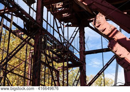 Gridwork Of Steel Structural Elements, American Industrial, Blue Sky, Horizontal Aspect